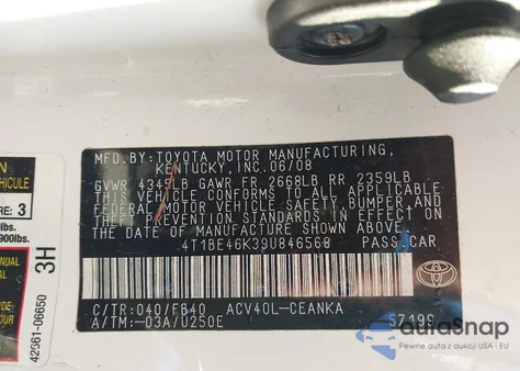 2009 Toyota Camry Le z USA, uszkodzony, nr VIN 4T1BE46K39U846568